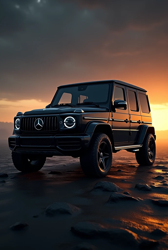 A black g wagon with black sky and yellow light