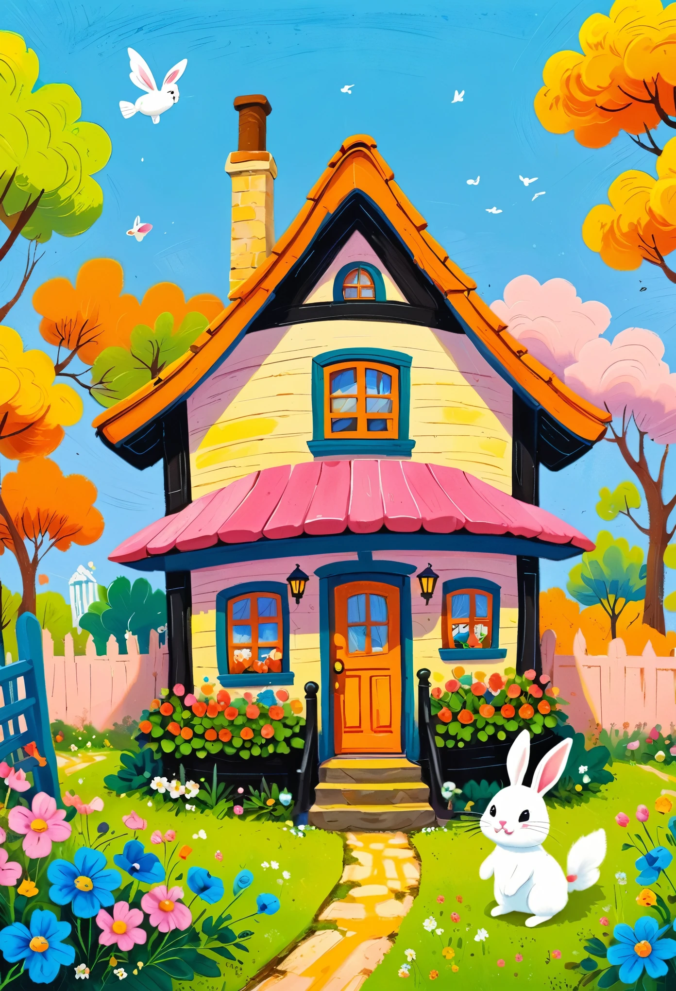 A painting：(((Colorful black，Chalk painting，Oil stick painting，flight，Thick coating，Uneven texture，Plaster texture，Graffiti)))。cartoon illustration of a house with a rabbit on top of it, rounded house and cute character, cute detailed digital art, cute storybook illustration, house background, cute anthropomorphic bunny, hiding in the rooftops, sweet home, little cottage, the rabbit has pink fur, cozy home background, hand painted cartoon art style, cute detailed artwork, ghibli studio style