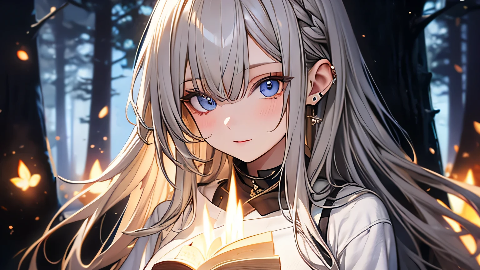 Attention to detail, high quality, high resolution, 4K, 8k, she is in the middle of the forest, many trees, many campfire bugs around her, wind blow through her hair, she has long silver hair, she is relaxing, she has beautiful eyes, Blue eyes, casual cloths, warm atmosphere, calm atmosphere, relax atmosphere, background dark, night, Grains of light,whole body