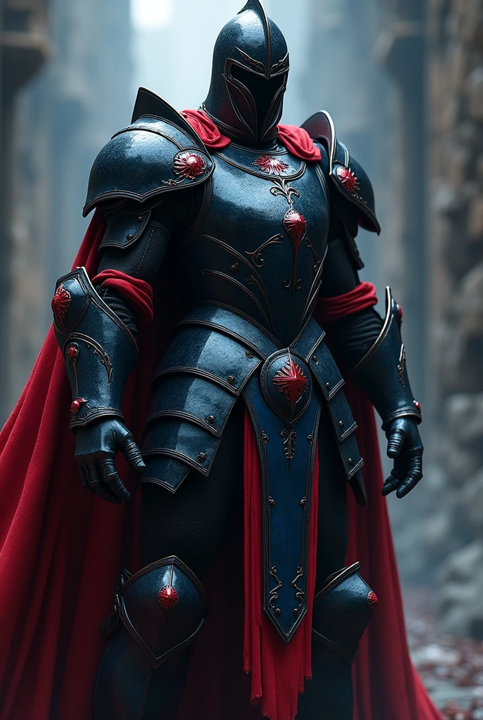 Knight in Black Armor. Clothes are red and blue. Closed helmet