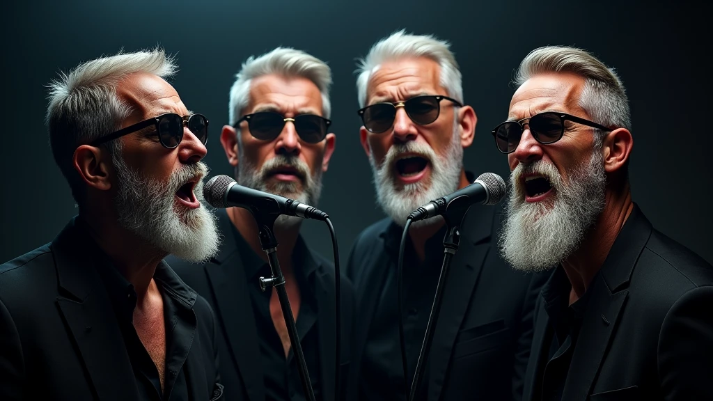 4 beautiful male, short shaved silver spanish beard, dark sunglasses, emotion singing into a microphone in dark room with lights то focus, studio portrait 