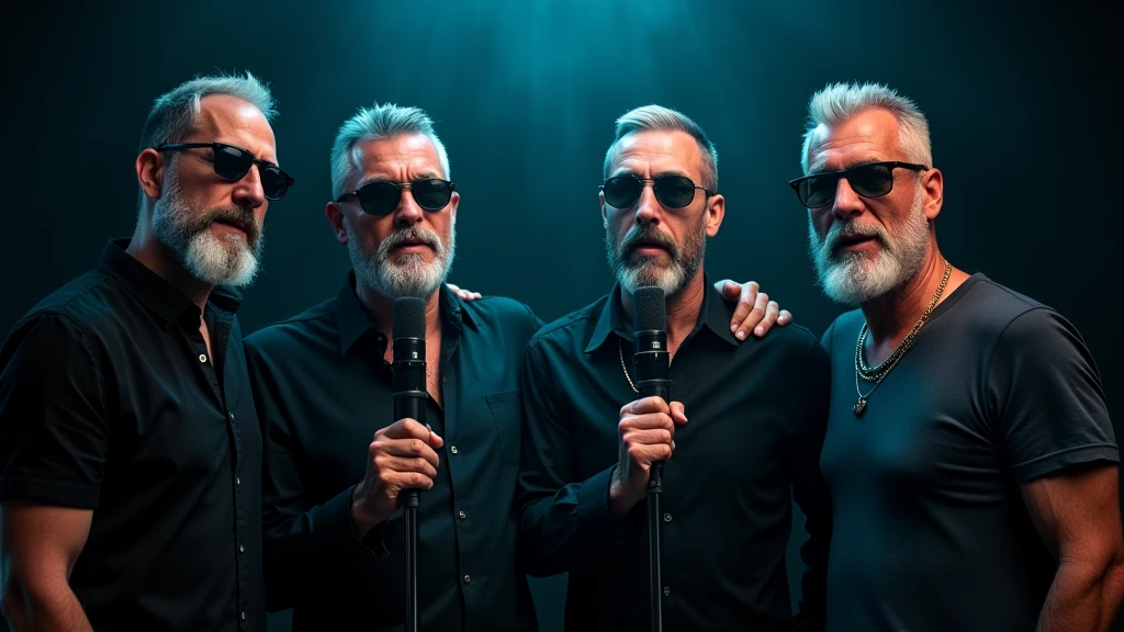 4 beautiful male, short shaved silver spanish beard, dark sunglasses, emotion singing into a microphone in dark room with lights то focus, studio portrait