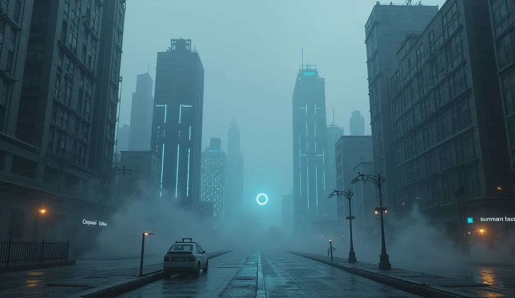 Gray city, deserted streets, skyscrapers with sparkling blue LED lights. Lighting: Gray tones with dim neon lights. Effects: Smoke and blue light running along the buildings. Special: Stifling and quiet atmosphere,