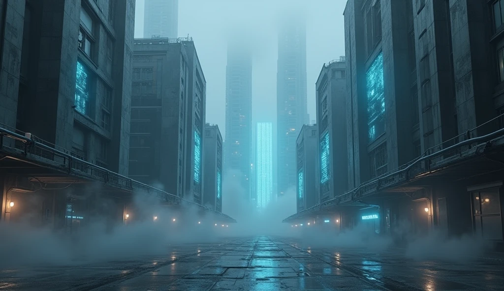 Gray city, deserted streets, skyscrapers with sparkling blue LED lights. Lighting: Gray tones with dim neon lights. Effects: Smoke and blue light running along the buildings. Special: Stifling and quiet atmosphere,