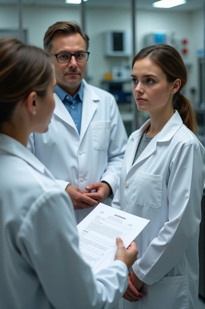 Create two people who are being audited for quality, and food safety and the auditor. Who are being audited wearing lab coats, one female and one young man and they are in the lab, the auditor is middle age woman, not animation, photo, their faces are visible. It is an audit, this should be clear. Auidtor should hold documents her hand