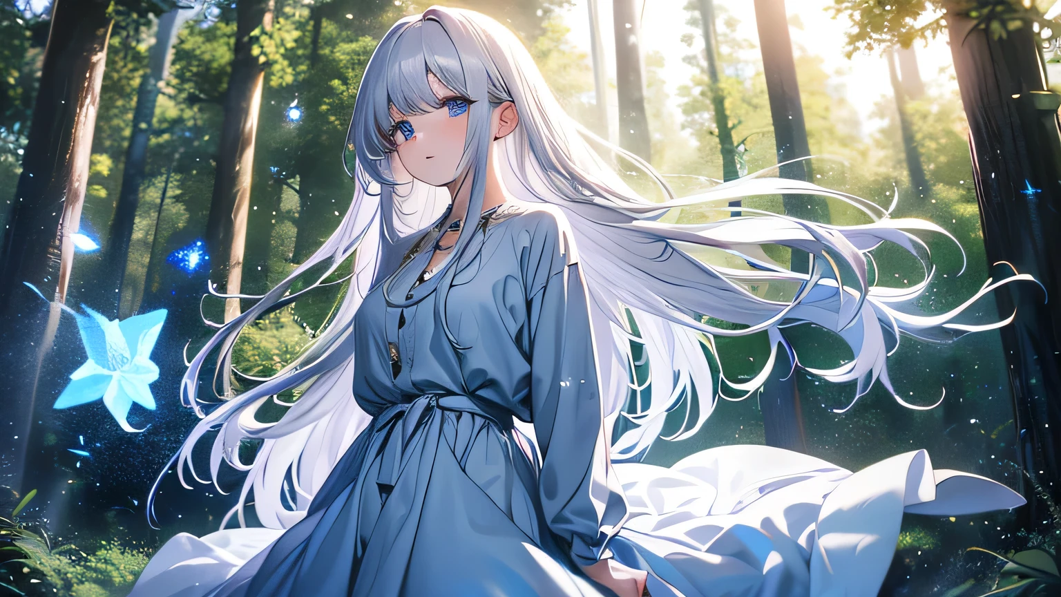 Attention to detail, high quality, high resolution, 4K, 8K, she is in the middle of the forest, many trees, many firefly around her, stars in the sky, wind blow her hair, she has long silver hair, she is relaxing, she has beautiful eyes, blue eyes, casual cloths, warm atmosphere, calm atmosphere, relax atmosphere