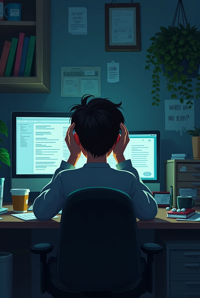 headache of content creater in front of computer, back side