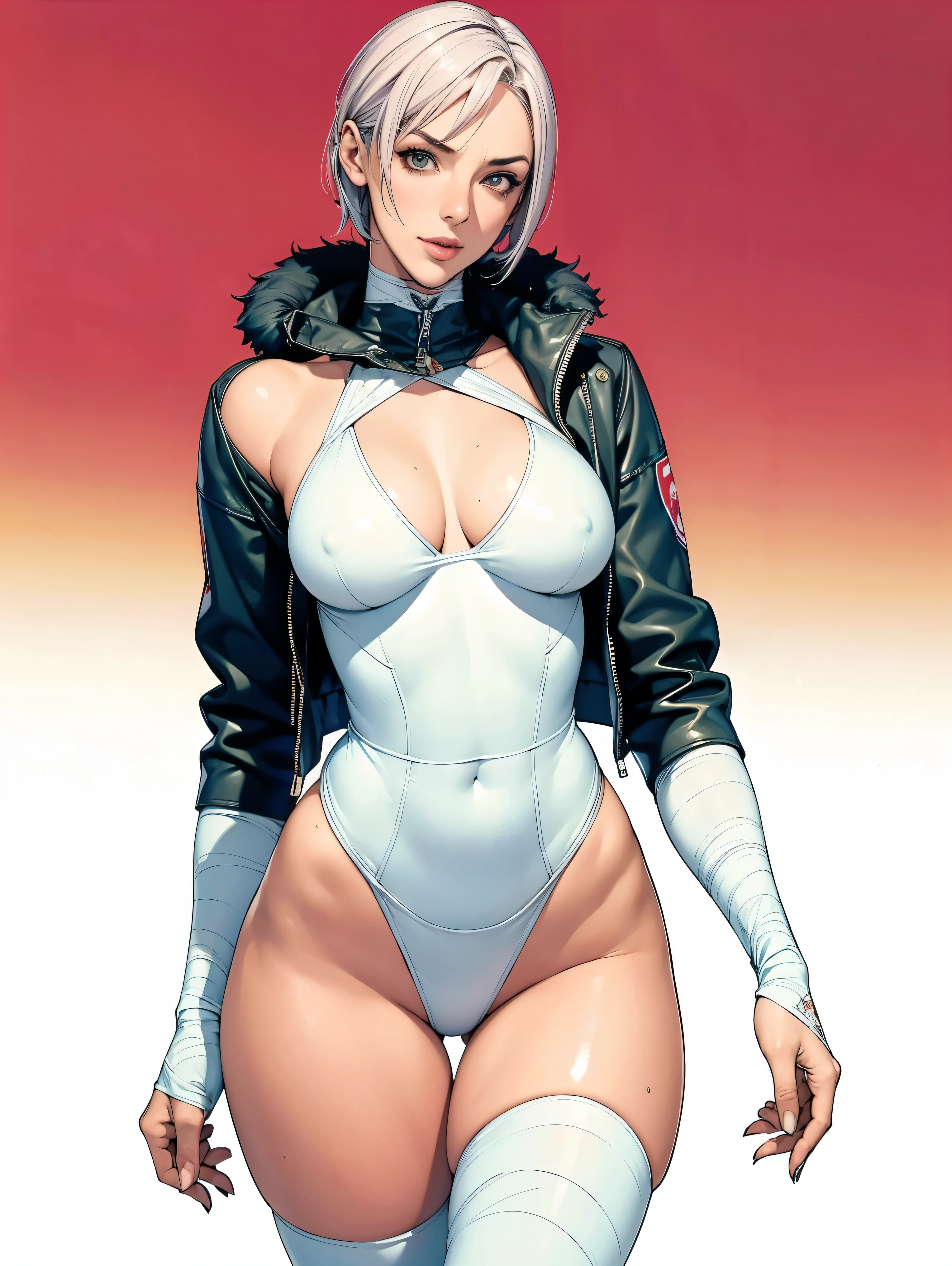 (((Annie Lennox))), (((colorful suit))), (scars), (((bandaged arms))), (((colorful clothes))) (( hood)), (((best quality: 1.4))), (Unbeatable masterpiece), (hyper HD),(CG 8k hyper-realistic), beautiful face, (((breasts big))), (((hyper feminine))), sexly girl, ((round face)), black tattoo,(ultra short red hair with white highlights)), ((( sculptural body ))), (((1 Kizi))), Kizi tatuada de 25 anos com perfect body, perfect hands, perfect fingers ,Beautiful and well-groomed face, (round face), muscular body:1.2,solid color detailed jacket, (Head to thigh photos), Complex equipment, ,Tight clothes,With white stars and off-white stripes,,,,,Armor Metal Electronic Parts, Poison tattoos ) INFO, Kizi, (((standing alone))), , 24歳, sexy, pose de attitude, work of art, dancing, ((slight smile)), post-apocalypse, (((manga style))), bounty hunter, the way you want, perfect body, roupa moderna, advanced technology, white, yellow accent, black, red accent, fur collar jacket, sleeves with vertical striped pattern, background city, (( cowboy shot )). intricate visual, narrow waist, (((wide hips))), wide hips, fit thighs, (((thigh gap))), Thigh gap, background shows a futuristic airplane, open expression, expression happy