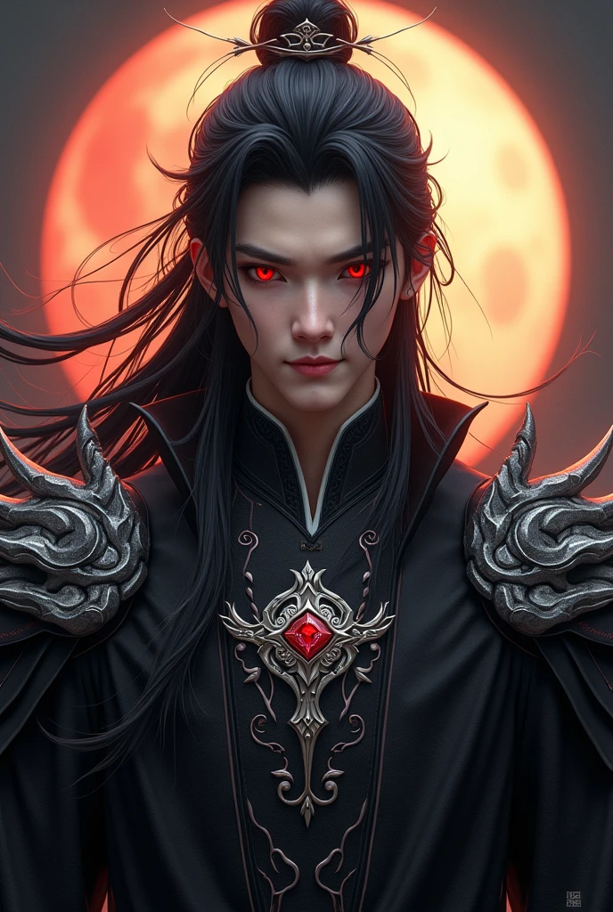 Handsome Chinese Xianxia protagonist, evil smile, mysterious aura,otherworldly beauty,perfect proportion face,no light interfention, ,man,guy,long black obsidian hair,darkest black phoenix tail, use floating phoenix crown,Crimson red  eyes  ,eyes focus detailed((no noice)),(((no noice))),and long black hair ,(no noice)),use armour featuring like pattern on taotie chinese divine beast((search image for taotie chinese beastiary))with black dominant color,darkest Xianxia style,darkest style,pauldron protective shape like dragon head,breastplate featuring like Tao tie,breastplate detailed featuring taotie shape,shoulder protective dragon shape like taotie,sun and moon  background, black dominant color,black  dominant color, black dominant color armour,with majestic silver line , ((no noice))And demonic red wings at back,wings at back,terrifying aura around,24K ultra hd,face and eyes detail,lips and face detail,masterpiece ,better quality,ultraa realistic face((no noice)),good face proportion,non noice face,reality face,eyes detailed,((perfect face)),perfect eyes ,perfect lips proportion((balance lips)),perfect face proportion,((balance proportion of face)),((balance and perfect left and right eyes proportion)),((masterpiece))