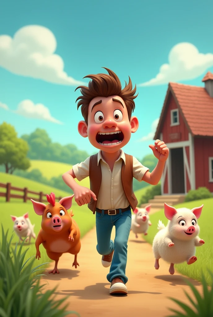 Man escaping from farm animals cute animated
