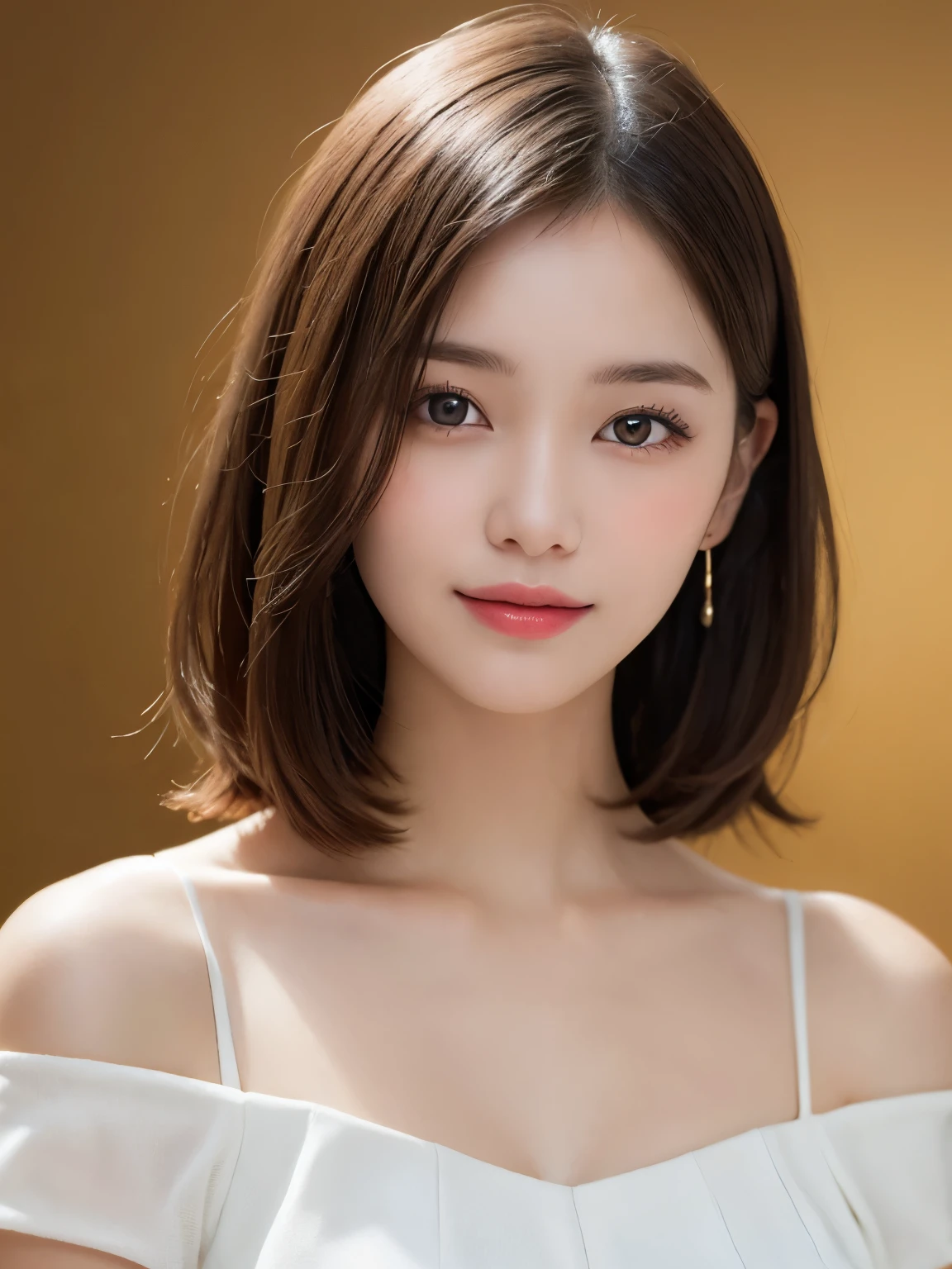gold background, full body portrait, looks very happy, smile, one girl, (a beauty girl, delicate girl:1.3), (20 years old:1.3), (off white off shoulder dress), very fine eyes, (symmetrical eyes:1.3), C cup breasts, brown eyes, parted bangs, short hair, (eyes and faces with detailed:1.0), (masterpiece, best quality, ultra detailed, detailed face, 8k)
