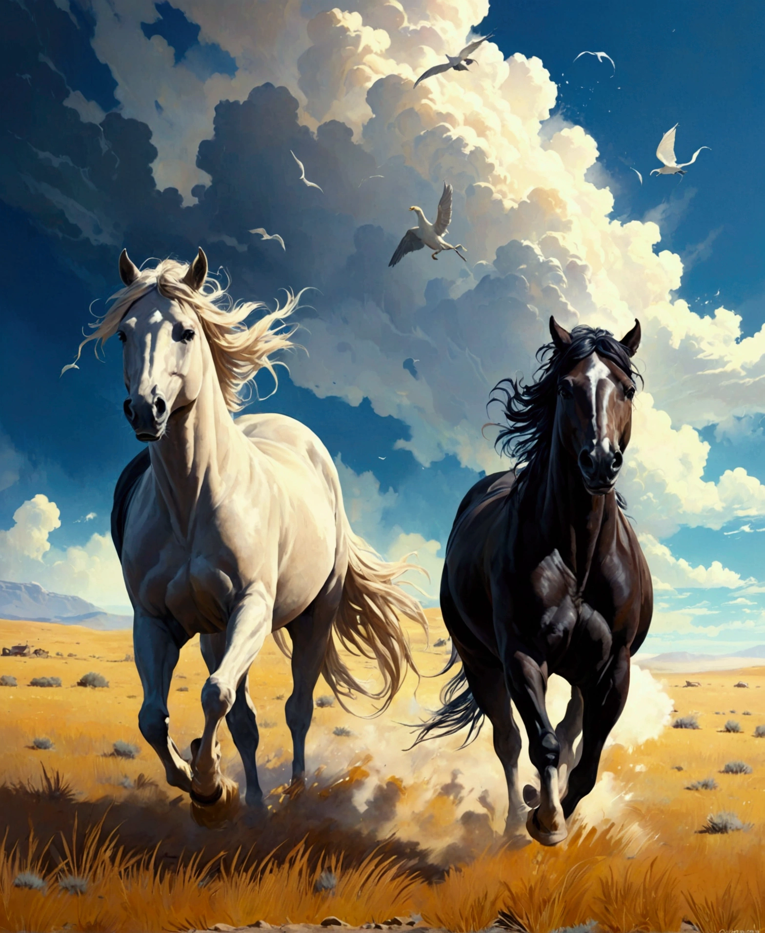 Un paysage du Far West où les chevaux sauvages galopent en liberté accompagné par le vent. Rend le Magic et fantastique