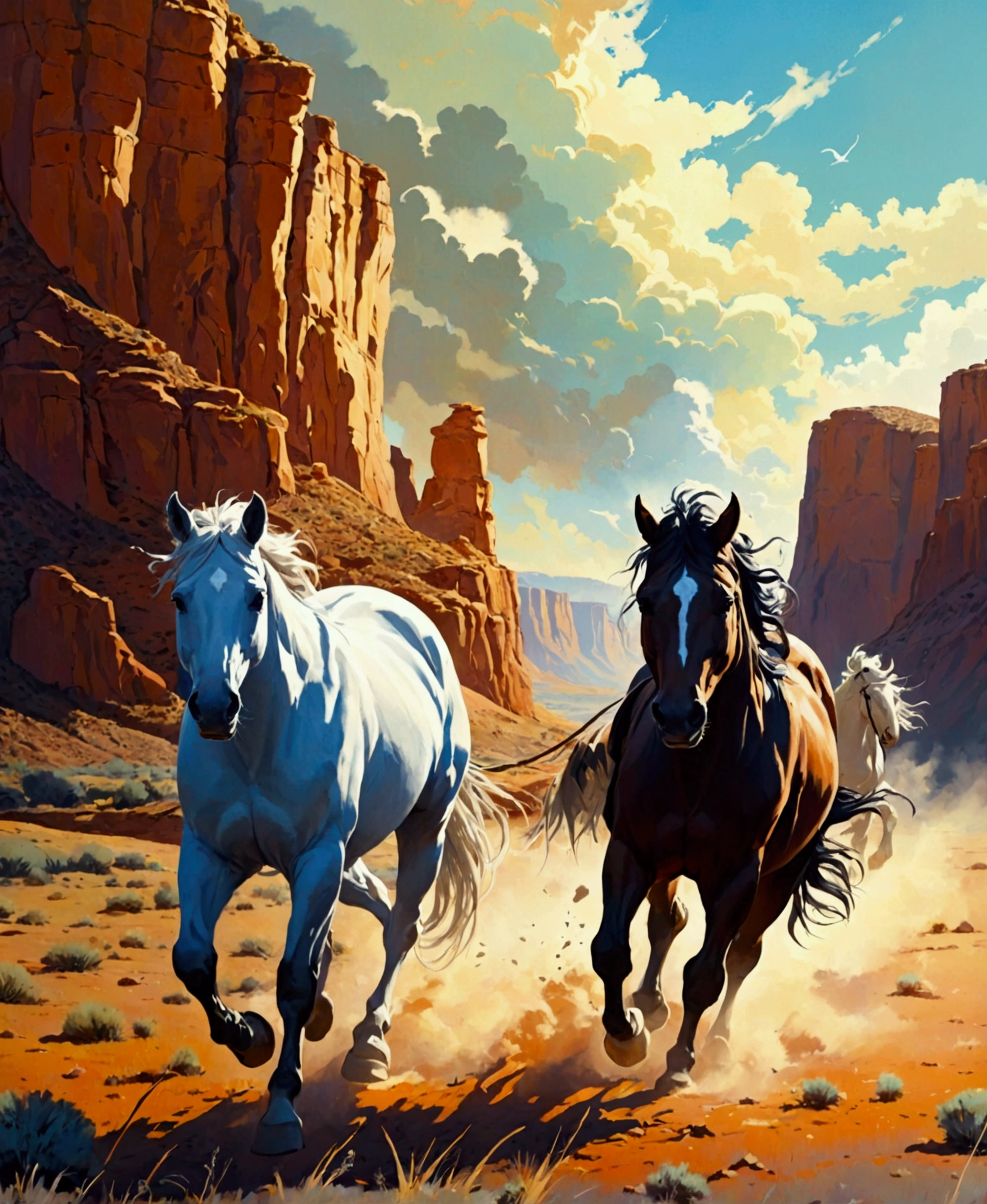 Un paysage du Far West où les chevaux sauvages galopent en liberté accompagné par le vent. Rend le Magic et fantastique 