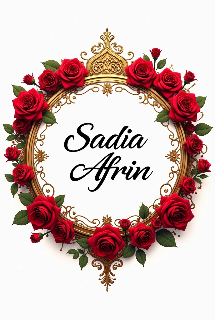 Create a design for the name Sadia Afrin with rose and other elements. Not include human photo. It should be circle shape and the name must be in the circle . Red rose and heavy design