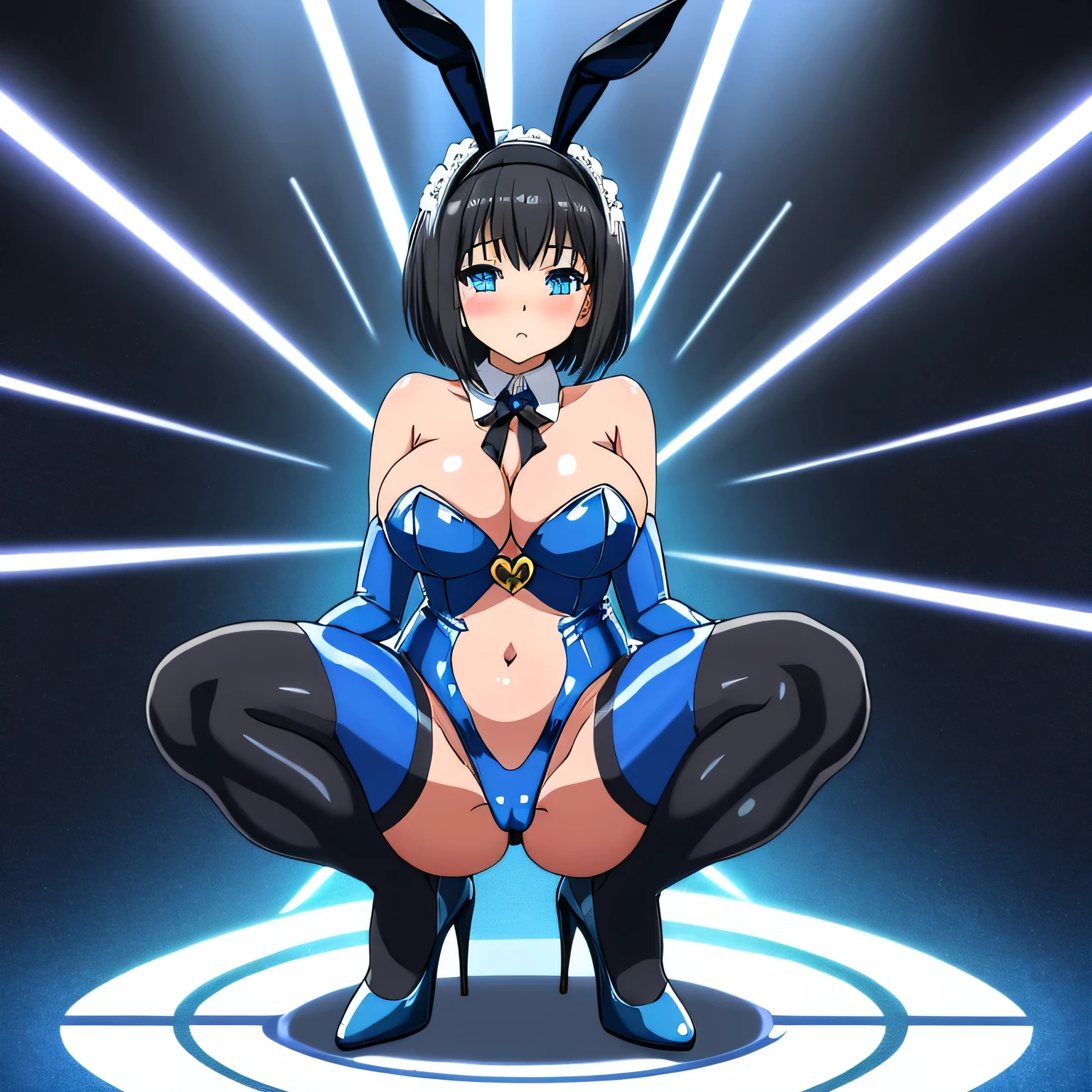 score_9, score_8_up, score_7_up, rating_explicit, score_anime, masterpiece, best quality, extremely detailed, sharp focus, illustration, 8k cg wallpaper, (ultra high-res), very detailed, straight-on, nsfw, 1girl, 18yo, very cute face, black hair, short bob hair, straight hair, light blue eyes, (large breasts:0.8), shy, blush, shiny metallic blue reverse bunnysuit, metallic blue playboy bunny ears headband, (black gtights:1.1), high heels, heart hands on breasts, squatting, spread legs widely, at bar, full body, BREAK bare stomach, bare flank skin, (detailed background:1.1)