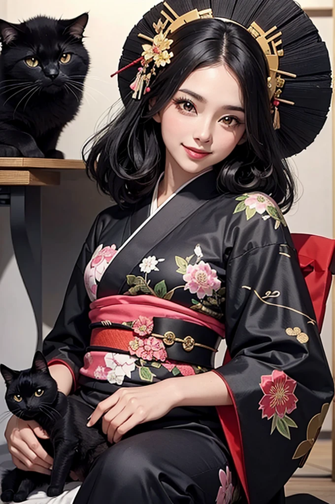 Bust-up of a beautiful black-haired woman in a kimono smiling while holding a black cat