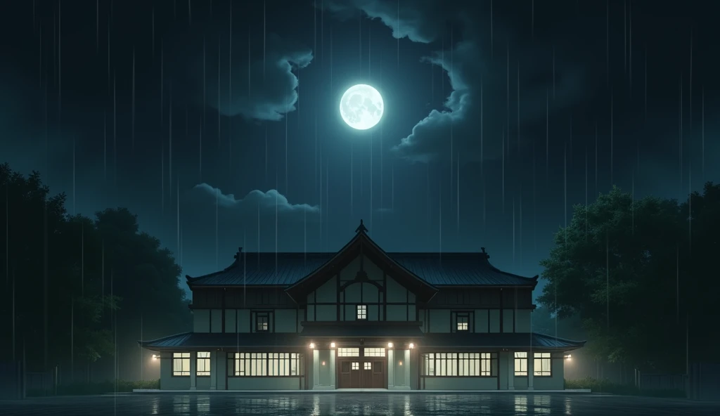 front of a japanese school, no people, raining, night, moon, In the style of Makoto Shinkai。master piece, ultra detail, precision, ultra-realistic,