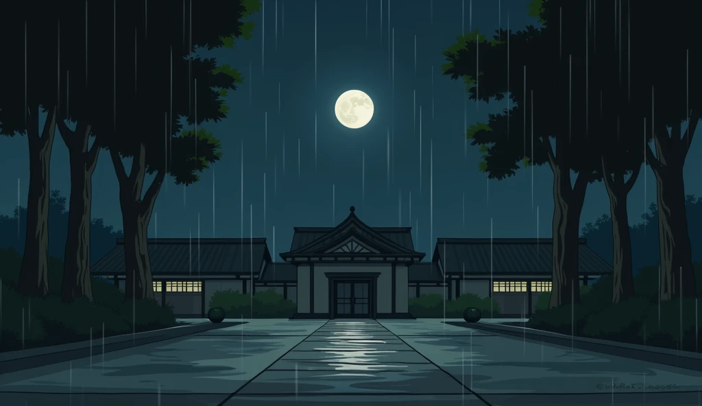 front of a japanese school, no people, raining, night, moon, In the style of Makoto Shinkai。master piece, ultra detail, precision, ultra-realistic,