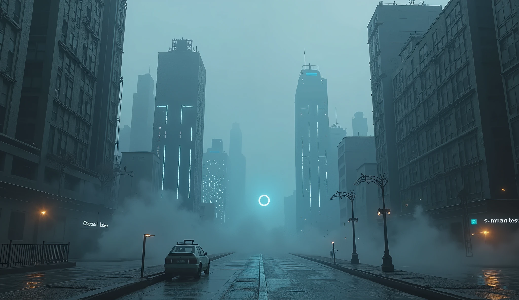 Gray city, deserted streets, skyscrapers with sparkling blue LED lights. Lighting: Gray tones with dim neon lights. Effects: Smoke and blue light running along the buildings. Special: Stifling and quiet atmosphere,