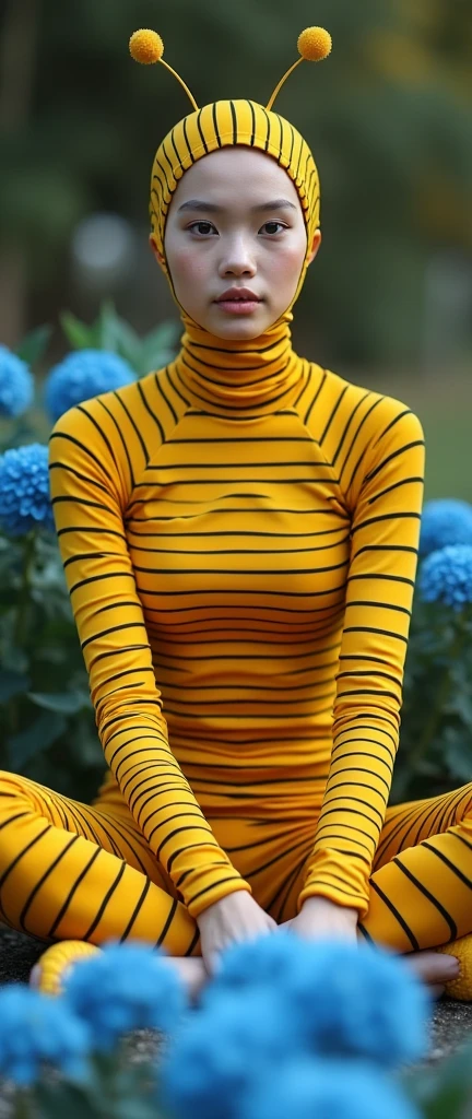 the beautiful,slender thin and prettiest Asian muslimah adult girl with beautiful cheeks wears striped yellow bee lycra turtleneck unitard catsuit covered with seamless black stripes with a pair of bee wings and always wear bee lycra elastane stretchy dance wear hijab covered with seamless stripes with antennae.She is sitting on the blue Carnations.
