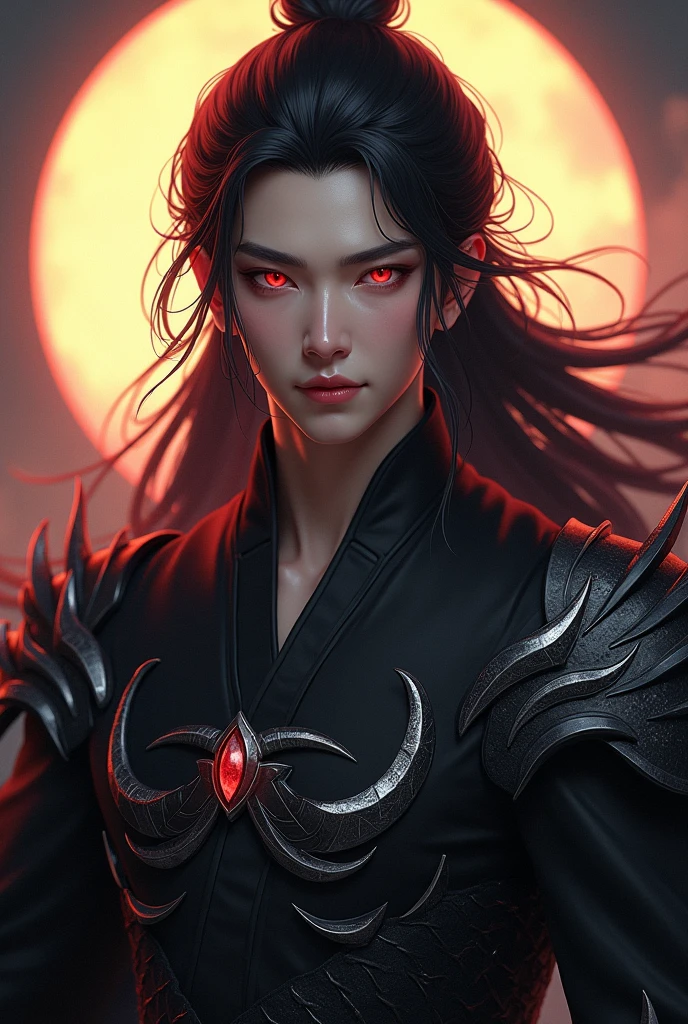 Handsome Chinese Xianxia protagonist, evil smile, mysterious aura,otherworldly beauty,perfect proportion face,no light interfention, ,man,guy,long black obsidian hair,darkest black phoenix tail, use floating phoenix crown,Crimson red  eyes  ,eyes focus detailed((no noice)),(((no noice))),and long black hair ,(no noice)),use armour featuring like pattern on taotie chinese divine beast((search image for taotie chinese beastiary))with black dominant color,darkest Xianxia style,darkest style,pauldron protective shape like dragon head,breastplate featuring like Tao tie,breastplate detailed featuring taotie shape,shoulder protective dragon shape like taotie,sun and moon  background, black dominant color,black  dominant color, black dominant color armour,with majestic silver line , ((no noice))And demonic red wings at back,wings at back,terrifying aura around,24K ultra hd,face and eyes detail,lips and face detail,masterpiece ,better quality,ultraa realistic face((no noice)),good face proportion,non noice face,reality face,eyes detailed,((perfect face)),perfect eyes ,perfect lips proportion((balance lips)),perfect face proportion,((balance proportion of face)),((balance and perfect left and right eyes proportion)),((masterpiece))