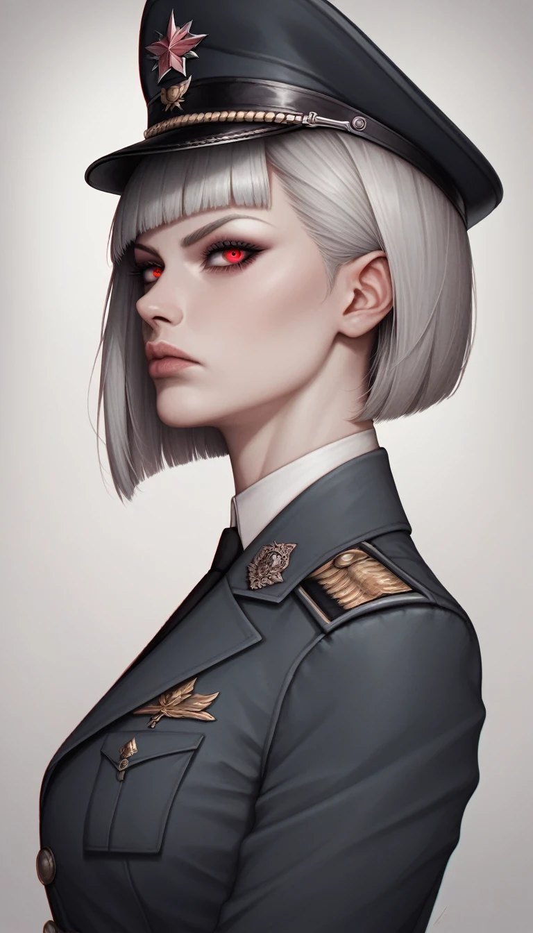 score_9, score_8_up, score_7_up, source_anime, best quality, amazing quality, absurdres, very aesthetic, 1girl, beautiful detailed eyes, beautiful detailed lips, military caps, military uniform, red eyes, short hair, grey hair, Bob Cut, holding army handgun, serious expression, side view, high quality, 8k, photorealistic, professional photography, cinematic lighting, dramatic shadows, muted color palette, gritty military style,