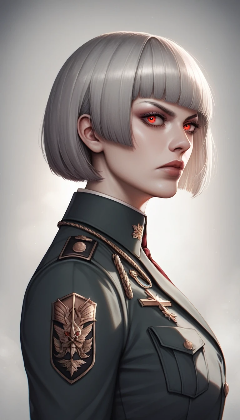 score_9, score_8_up, score_7_up, source_anime, best quality, amazing quality, absurdres, very aesthetic, 1girl, beautiful detailed eyes, beautiful detailed lips, military caps, military uniform, red eyes, short hair, grey hair, Bob Cut, holding army handgun, serious expression, side view, high quality, 8k, photorealistic, professional photography, cinematic lighting, dramatic shadows, muted color palette, gritty military style,
