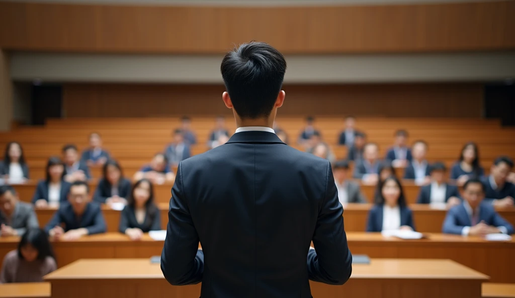 A young Chinese man in a suit is speaking to people sitting in a lecture hall