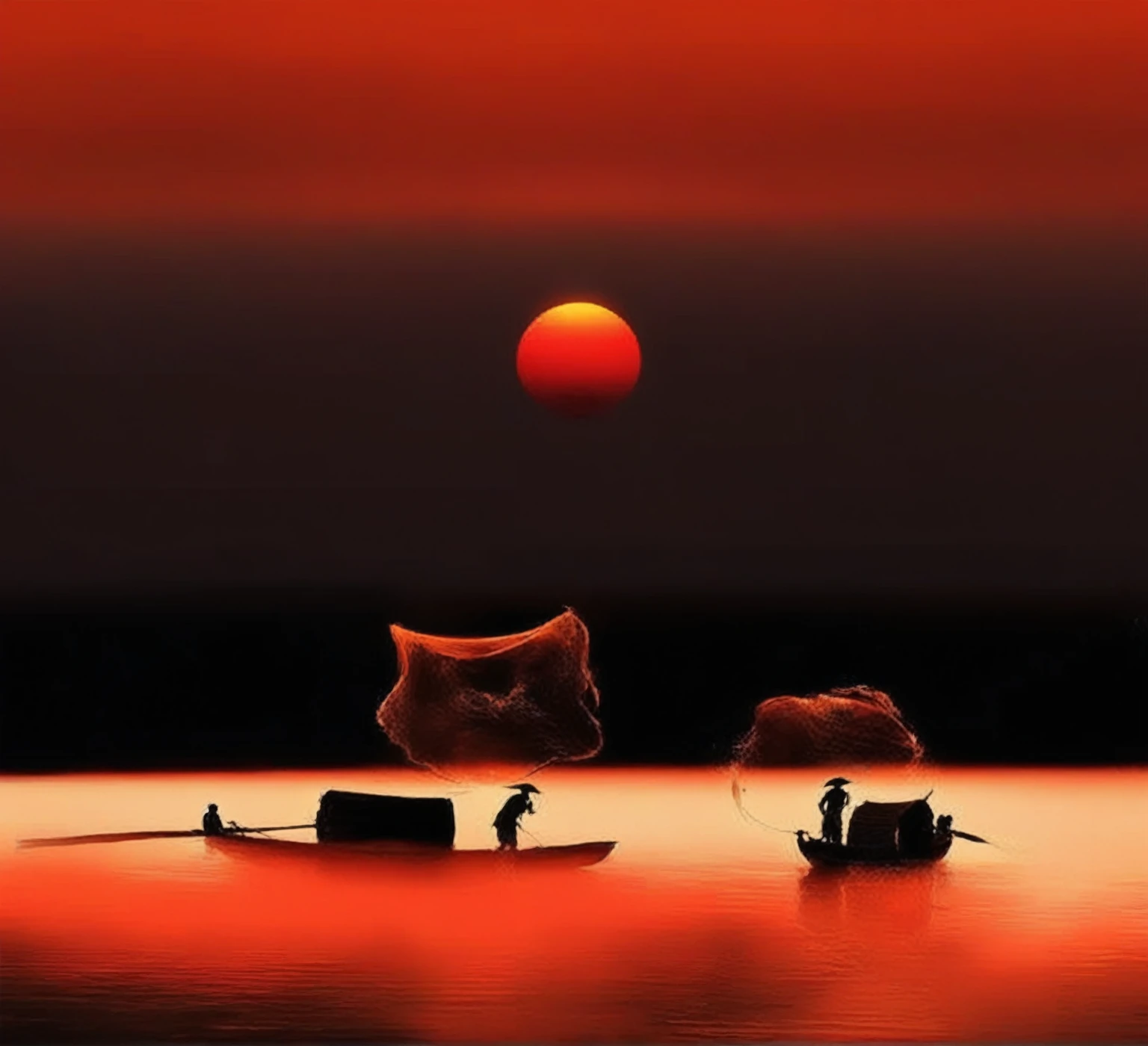 Sunset,Two people in a boat on the water, Warm and beautiful scene, Very beautiful photos, Red sunset, Fanhao Photography, author:Shi Rui, author:Yang J, Great photos, an Great photos, orange sun set, epic red - orange sunlight, Beautiful sunset, by Zou Zhe, author Shang Xi, by Cui Bai, It becomes sunny