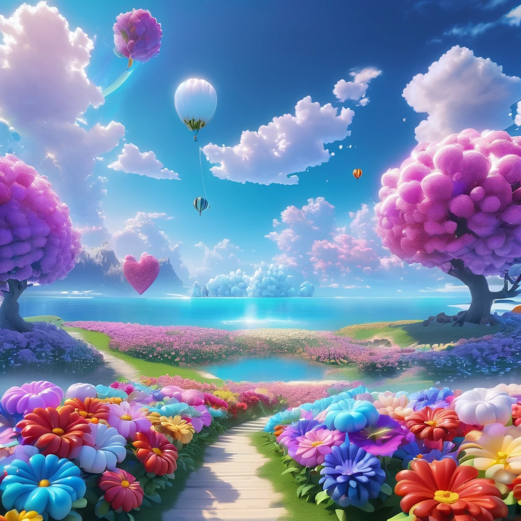 A white plateau made of countless colorful heart-shaped balloons, couples, heart-shaped flowers, and stalactites spread out like shelves. The total number of shelves is more than 100. A futuristic CG movie of the bright and beautiful nature of the sun, the sea and the sandy beach.

a picture taken from a field of flowers with a sky background, fluffy colorful fantasy clouds, magnificent background, fantasy beautiful peace scene, fantasy sky, dreamy psychedelic fantasy, beautiful CG movie scene, night sky full of flowers, magical dream-like atmosphere, surreal waiizi flowers, CG movie clouds, CG movie nature, daytime ethereal fantasy, glowing clouds, magical colors and atmosphere