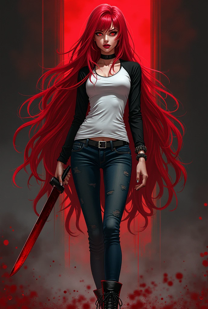 Anime style. Seductive and Beautiful young woman with a soul of pure evil and hatred. Alluring long red haired serial killer wearing a punk rock raglan top, skinny jeans, and combat boots. Surrounded by blood and bodies. She attacks a man viciously, A bloody knife in her right hand. A sinister smile crosses her glossy red lips.