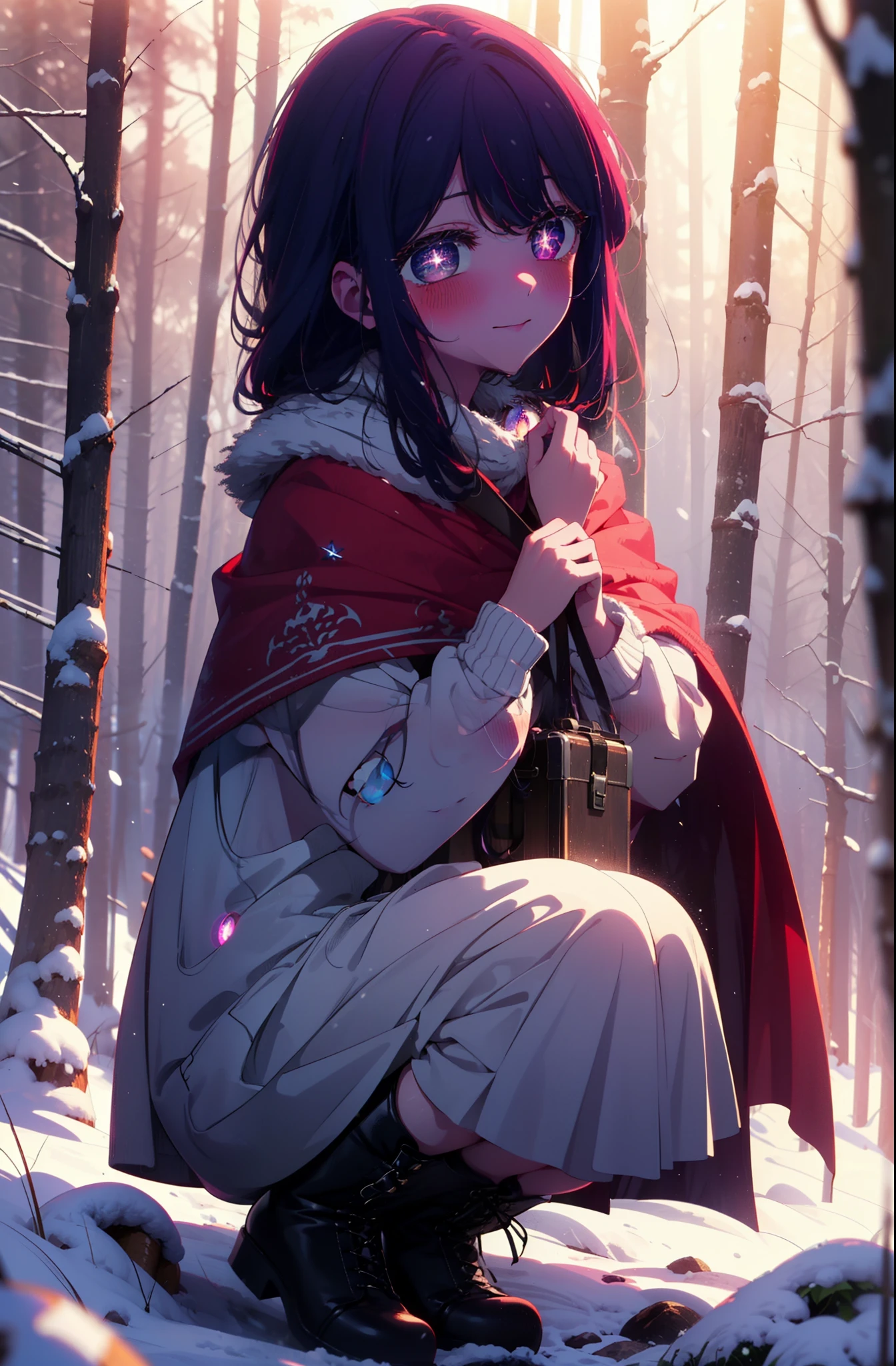 aihoshino, Ai Hoshino, Long Hair, bangs, (Purple eyes:1.1), Purple Hair, (Symbol-shaped pupil:1.5), smile,,smile,blush,white breath,
Open your mouth,snow,Ground bonfire, Outdoor, boots, snowing, From the side, wood, suitcase, Cape, Blurred, , forest, White handbag, nature, Squat, Mouth closed, Cape, winter, Written boundary depth, Black shoes, red Cape break looking at viewer, Upper Body, whole body, break Outdoor, forest, nature, break (masterpiece:1.2), Highest quality, High resolution, unity 8k wallpaper, (shape:0.8), (Beautiful and beautiful eyes:1.6), Highly detailed face, Perfect lighting, Highly detailed CG, (Perfect hands, Perfect Anatomy),
