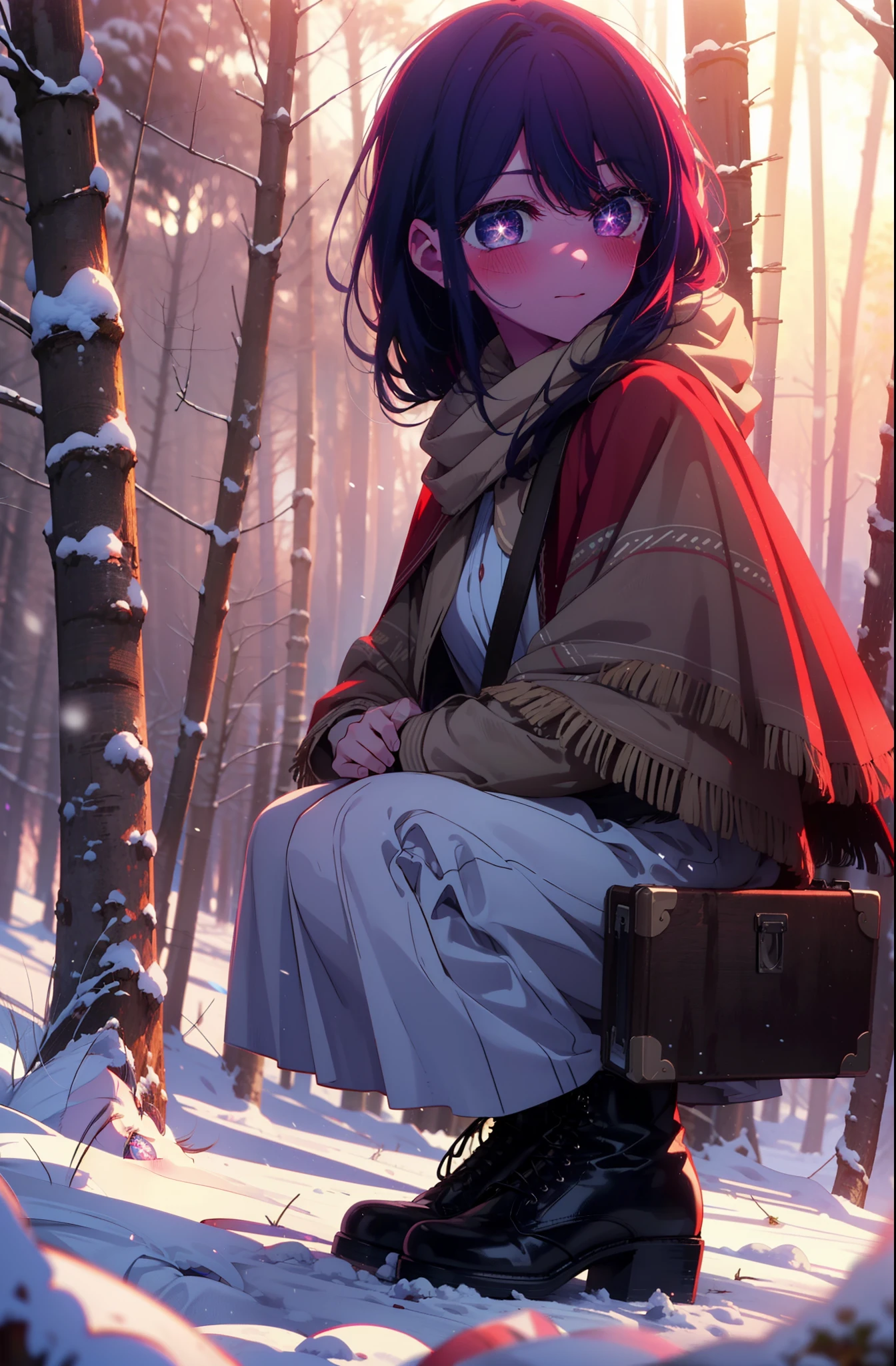aihoshino, Ai Hoshino, Long Hair, bangs, (Purple eyes:1.1), Purple Hair, (Symbol-shaped pupil:1.5), smile,,smile,blush,white breath,
Open your mouth,snow,Ground bonfire, Outdoor, boots, snowing, From the side, wood, suitcase, Cape, Blurred, , forest, White handbag, nature, Squat, Mouth closed, Cape, winter, Written boundary depth, Black shoes, red Cape break looking at viewer, Upper Body, whole body, break Outdoor, forest, nature, break (masterpiece:1.2), Highest quality, High resolution, unity 8k wallpaper, (shape:0.8), (Beautiful and beautiful eyes:1.6), Highly detailed face, Perfect lighting, Highly detailed CG, (Perfect hands, Perfect Anatomy),