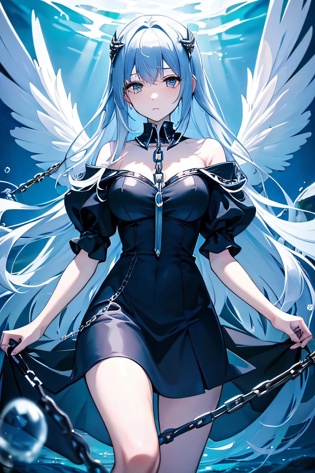 Attention to detail, high quality, high resolution, a lady with white long hair, she is tide by some chain, she is under the sea, there are a few bubbles in the sea, beautiful clear black eyes, black dress, she has broken wings behind her back, large wings, cold and cool atmosphere, calm atmosphere, she is tough, she is not reconciled, she want to escape but she cannot, she is helplessness, beautiful hair, the chain tide her both leg, chain tide her both wrist, chain tide her body, she is at the bottom of the sea, there is light shine above her, no other creatures around her, anime style, she is gentle, she is a bit sad