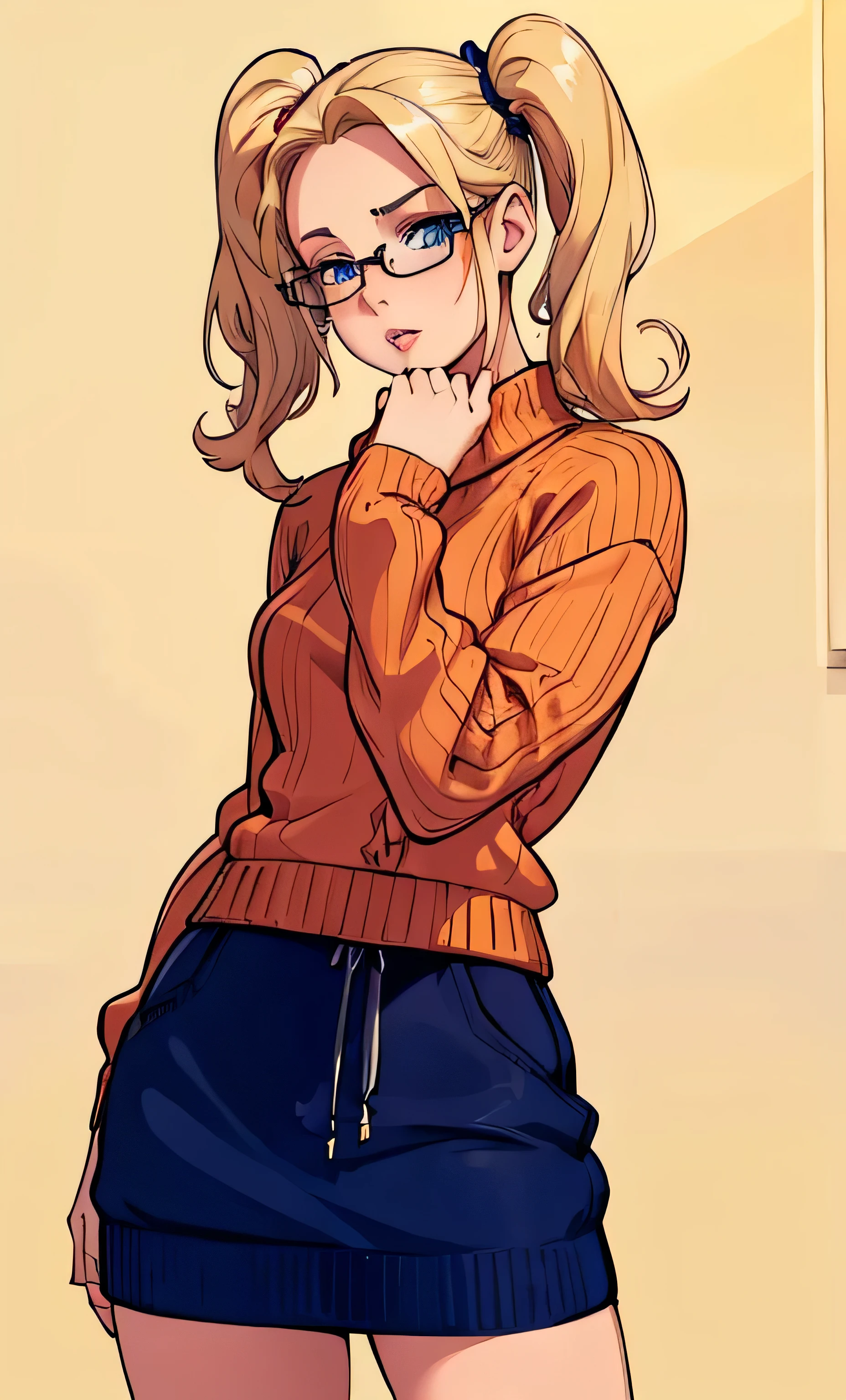 dishwasher blonde hair, twin ponytails, blue eyes, pretty, attractive, woman, full lips, beautiful, 8k, masterpiece, sweater, glasses, japanese, best quality, hi-res, hi-resolution,
