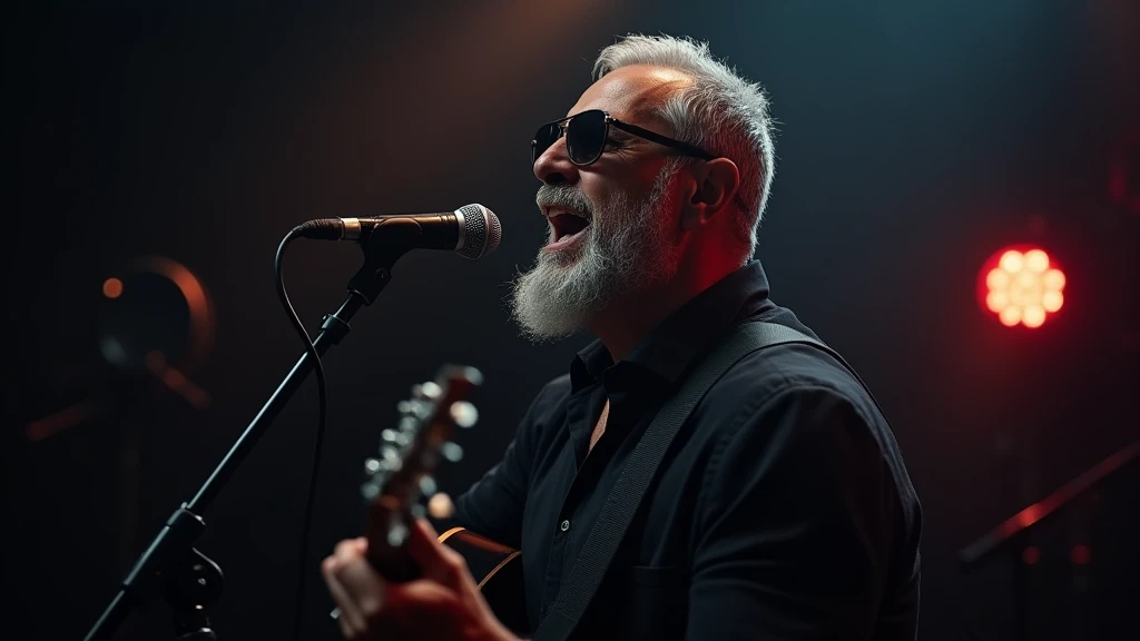 1 male, 50-year-old beautiful male, short shaved silver spanish beard, dark sunglasses, emotion singing into a microphone in dark room with lights то focus, studio portrait 