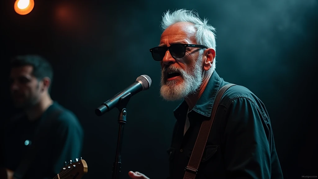 1 male, 50-year-old beautiful male, short shaved silver spanish beard, dark sunglasses, emotion singing into a microphone in dark room with lights то focus, studio portrait 