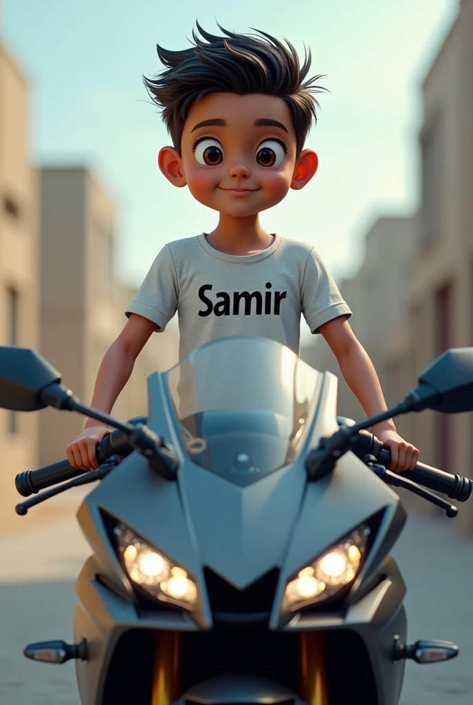 A boy is standing in on the bike R15, the boy is wearing a t-shirt the boys name Samir
 is written on the t-shirt.