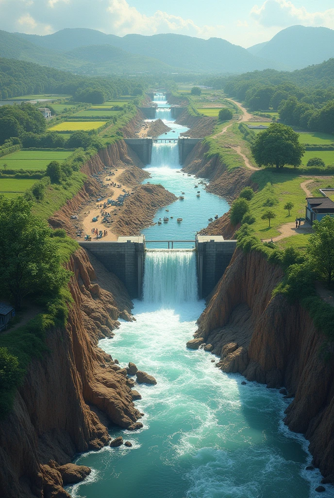 "Illustrate a scenario showing the natural flow of a river from upstream to downstream. Depict a dam being constructed on the Bangladesh side of the river. The illustration should show two possible outcomes: first, the river creating an alternative route near the dam and flowing through it; second, water accumulating upstream of the dam, eventually leading to the dam breaking or overtopping. Emphasize the resulting severe flash floods and intense riverbank erosion in Bangladesh.