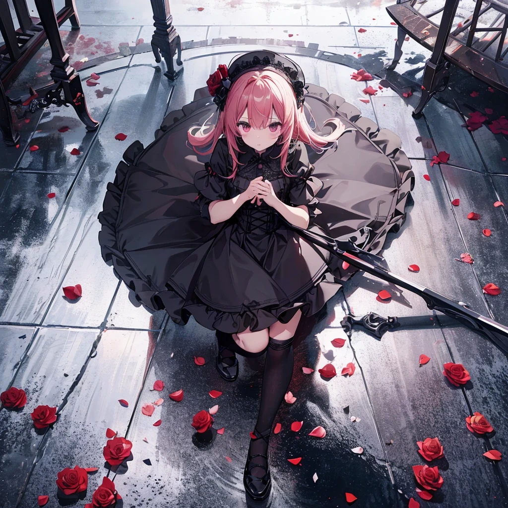 High resolution, Attention to detail, high quality, High resolution, 最high quality, 4K, 8k, Awards、break、Gothic、Gothic Lolita、break、Rose petals falling、Mystical artwork、Flat Color、Rose Floor Background、Wide-angle lens、Looking down from above