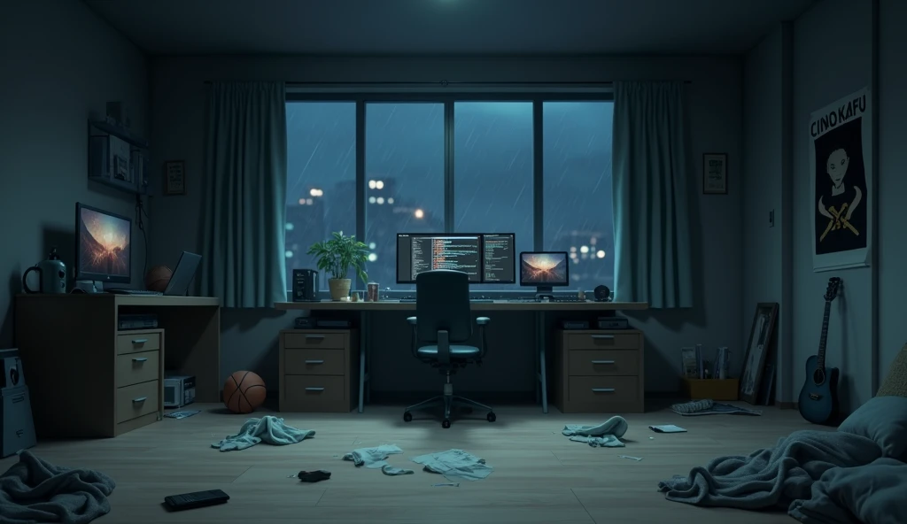 a very large bedroom, one desktop computer with two screens, 2 laptops, 1 phone (no-character:1.4), on the computers screens runs Linux and a development IDE, picture from far, large windows, night outside, raining, one guitar, one basketball ball, clothes thrown on the bed and on floor, on the wall there is a poster of Chino Kafu, masterpiece, precision, ultra-realistic, anime art, In the style of Makoto Shinkai。master piece, ultra detail