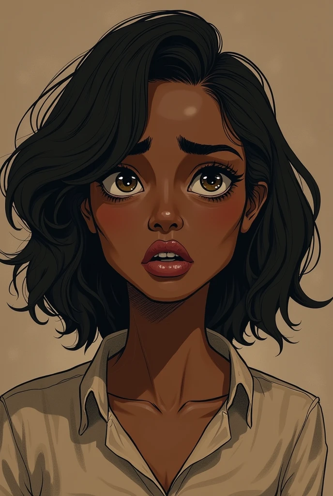 A beautiful upset woman who is dark skinned. The filter of the image should be brownish. Her eyes should full of pain. But the pic must provides aesthetics .The picture should e cartoon like old cartoons
The pic must provide e beautiful woman with beautiful eyes. The cartoon pic must be a pencilled sketch type
