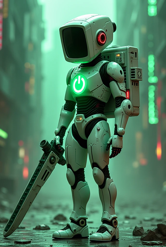 Man wear cyberpunk robocop armor suit white keyboard PC concept. Skinny robot.. Helmet like PC monitor.. Long mechanize Sword from classic white keyboard. Keyboard pad design as sword. Binoculars eyes.keyboard on chest. Big turn off button logo on chest glowing green ,. Holding keyboard sword. War background. Bombing effect background. Backpack cpu.(( Standing on the motherboard green circuit)).. city motherboard background. In digital dimensions. glowing green on circuit . Green matrix background.running pose. Very epic. Holding sword with two hand.