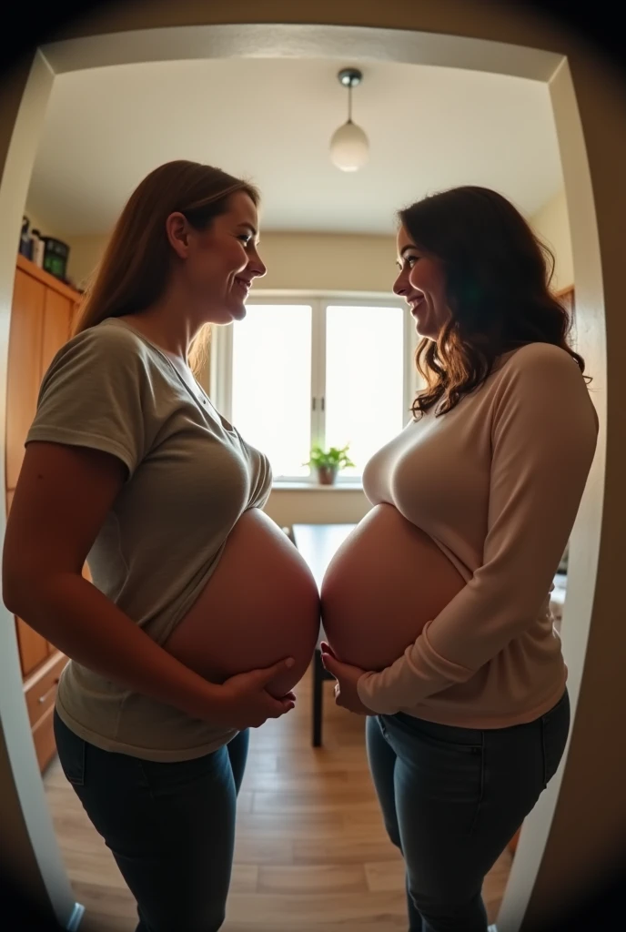 Your POV view of having two pregnant plus size lesbian moms at home. fisheye camera view, iphone camera style. HD, realface, cinematic