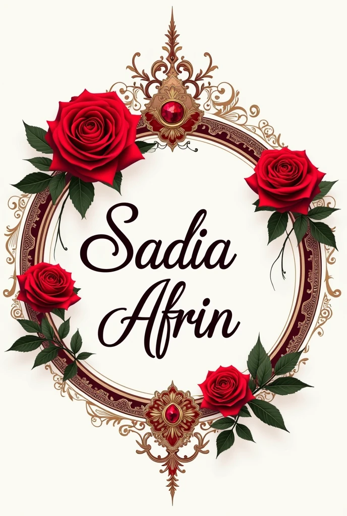 Create a design for the name Sadia Afrin with rose and other elements. Not include human photo. It should be circle shape and the name must be in the circle . Red rose and heavy design