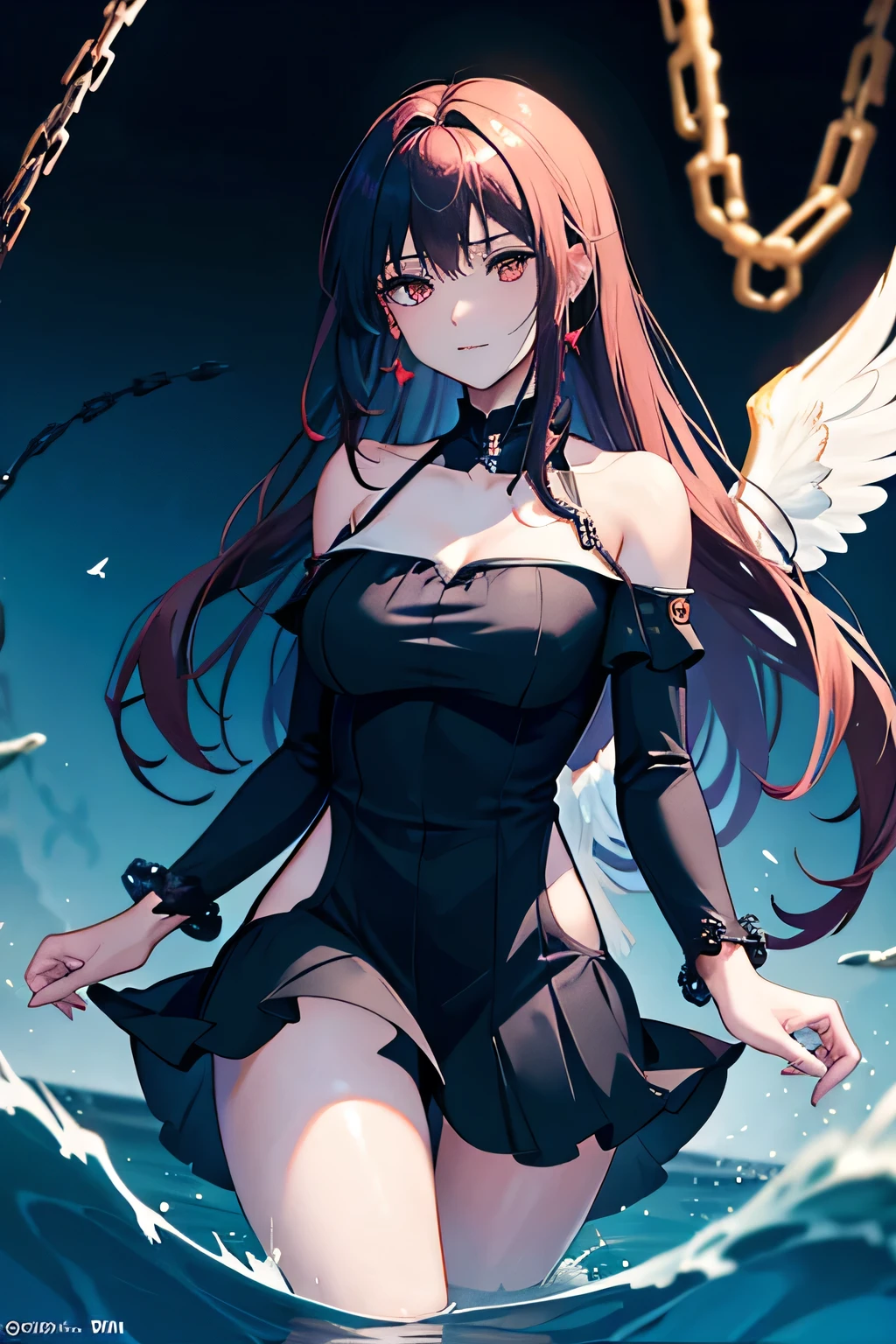 Attention to detail, high quality, high resolution, a lady with white long hair, she is tide by some chain, she is under the sea, there are a few bubbles in the sea, beautiful clear black eyes, black dress, she has broken wings behind her back, large wings, cold and cool atmosphere, calm atmosphere, she is tough, she is not reconciled, she want to escape but she cannot, she is helplessness, beautiful hair, the chain tide her both leg, chain tide her both wrist, chain tide her body, she is at the bottom of the sea, there is light shine above her, no other creatures around her, anime style, she is gentle, she is a bit sad