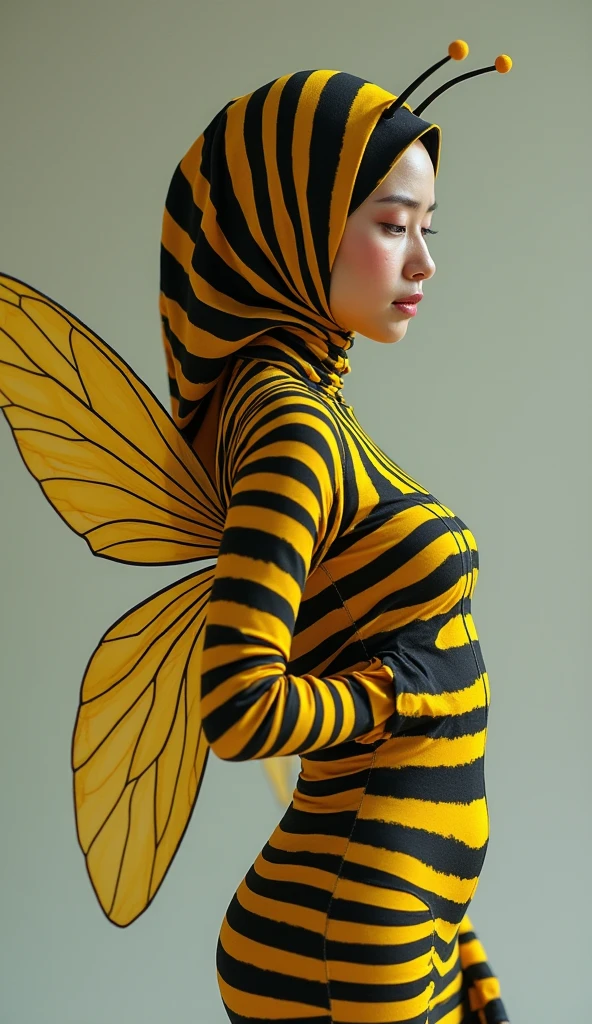 the beautiful,slender thin and prettiest Asian muslimah adult girl with beautiful cheeks wears striped yellow bee lycra turtleneck unitard catsuit covered with seamless black stripes with a pair of bee costume wings and always wear bee lycra elastane stretchy dance wear hijab covered with seamless stripes with antennae.She is crying.