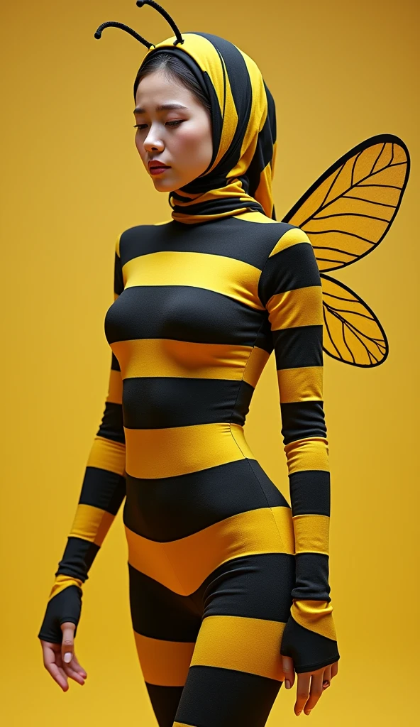 the beautiful,slender thin and prettiest Asian muslimah adult girl with beautiful cheeks wears striped yellow bee lycra turtleneck unitard catsuit covered with seamless black stripes with a pair of bee costume wings and always wear bee lycra elastane stretchy dance wear hijab covered with seamless stripes with antennae.She is crying.