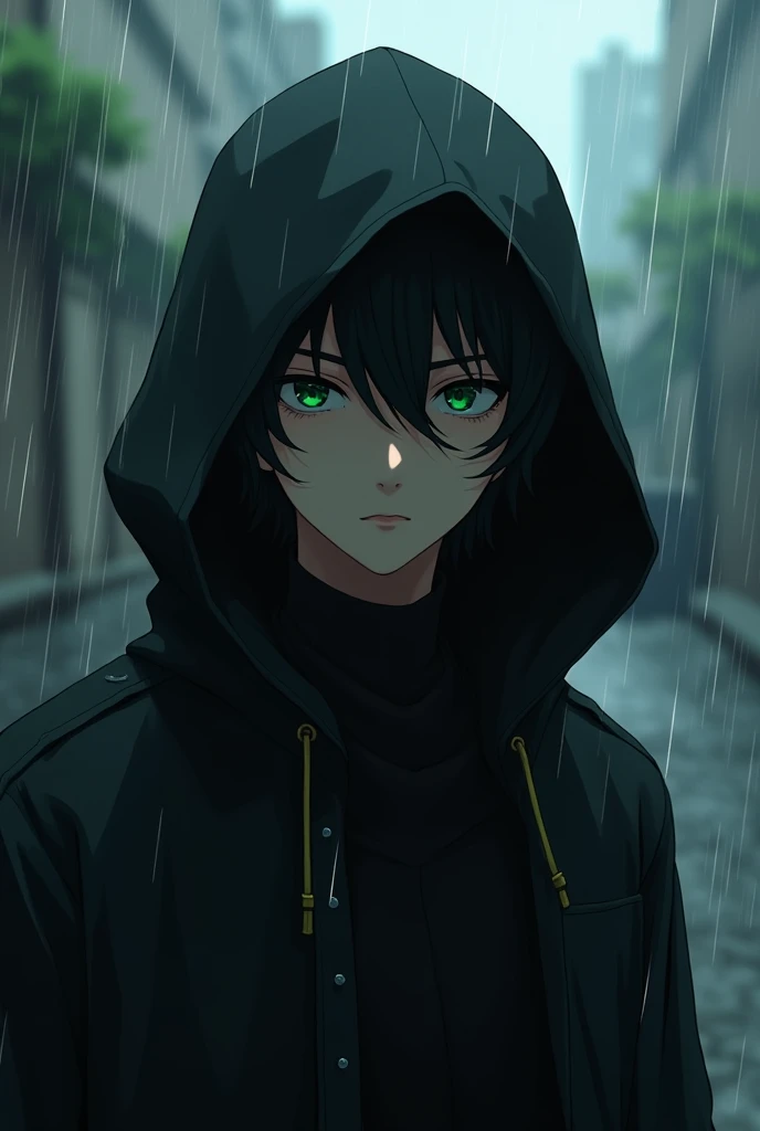 Anime boy with black hood, black hair and green eyes in the rain