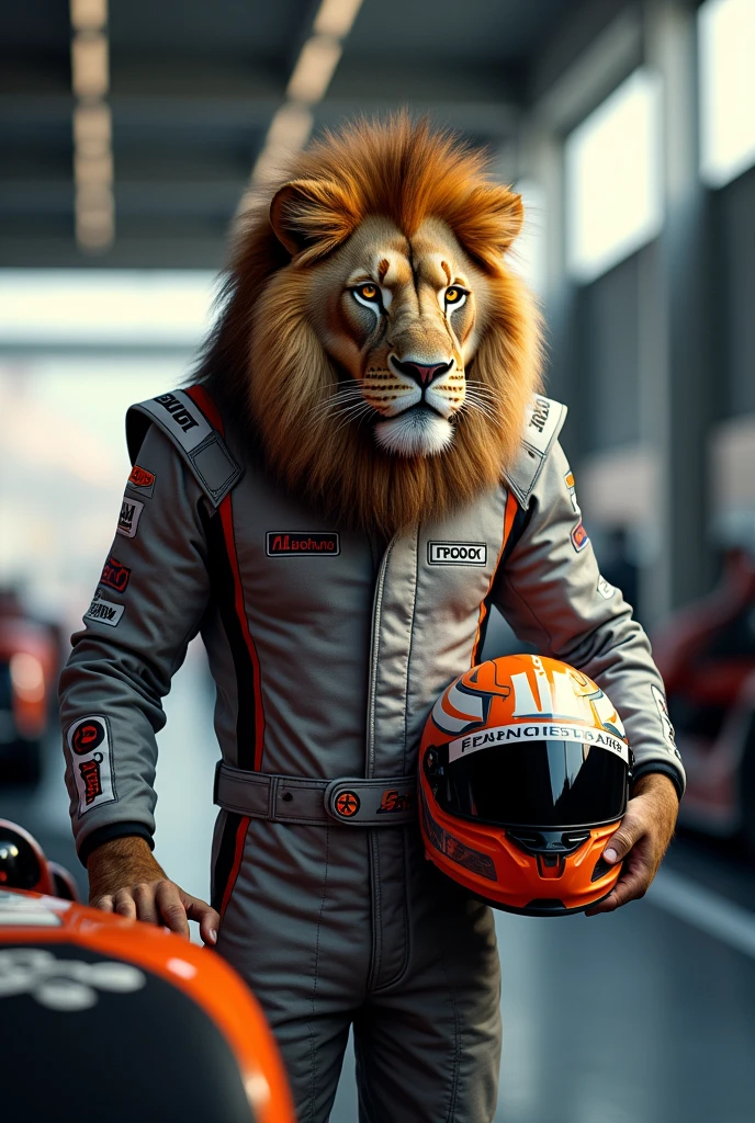 lion as a racing car driver next to its car with player costume and helmet is in hand